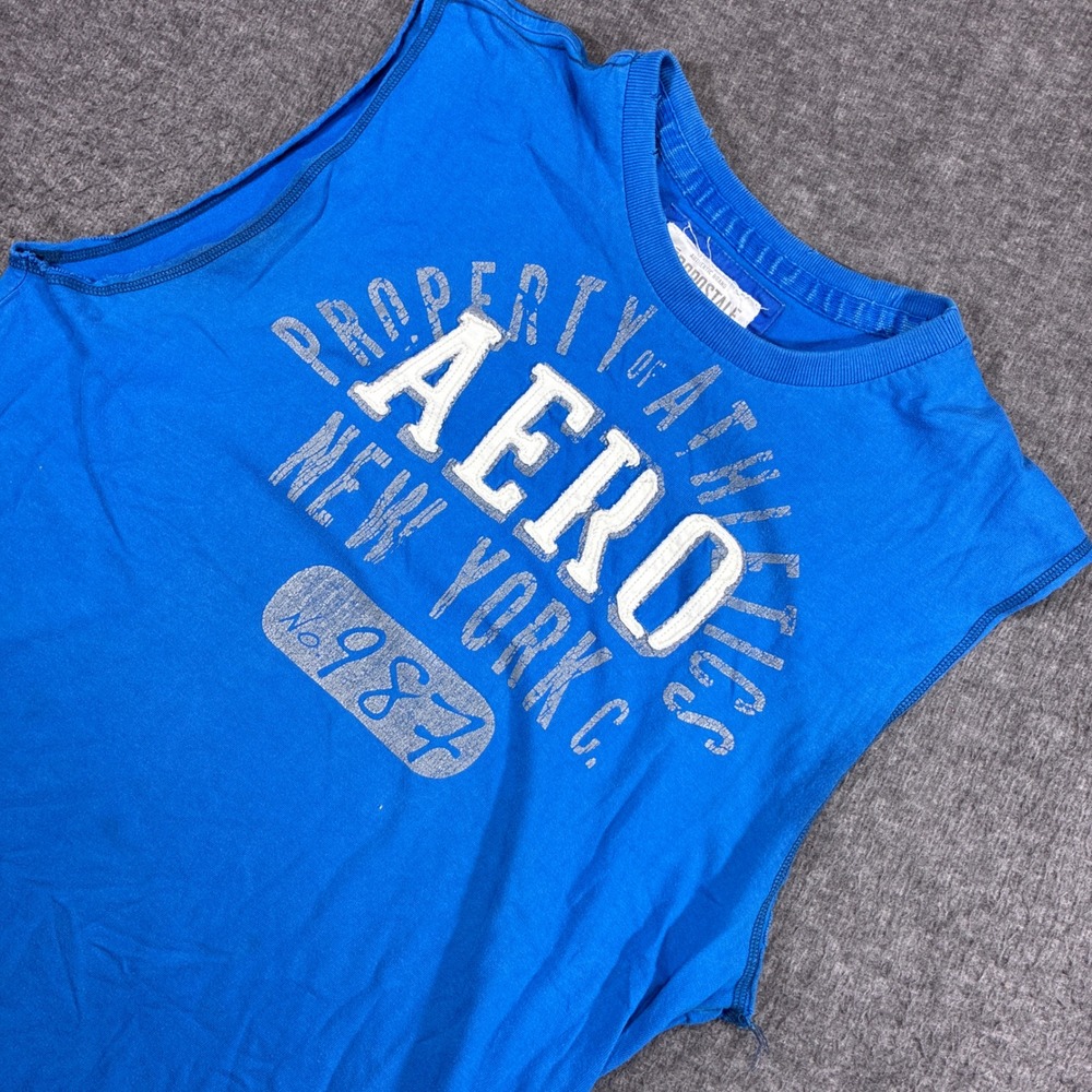 Aeropostale‎ Muscle Tank Mens Large Blue Distressed Graphic Y2K Embroidered